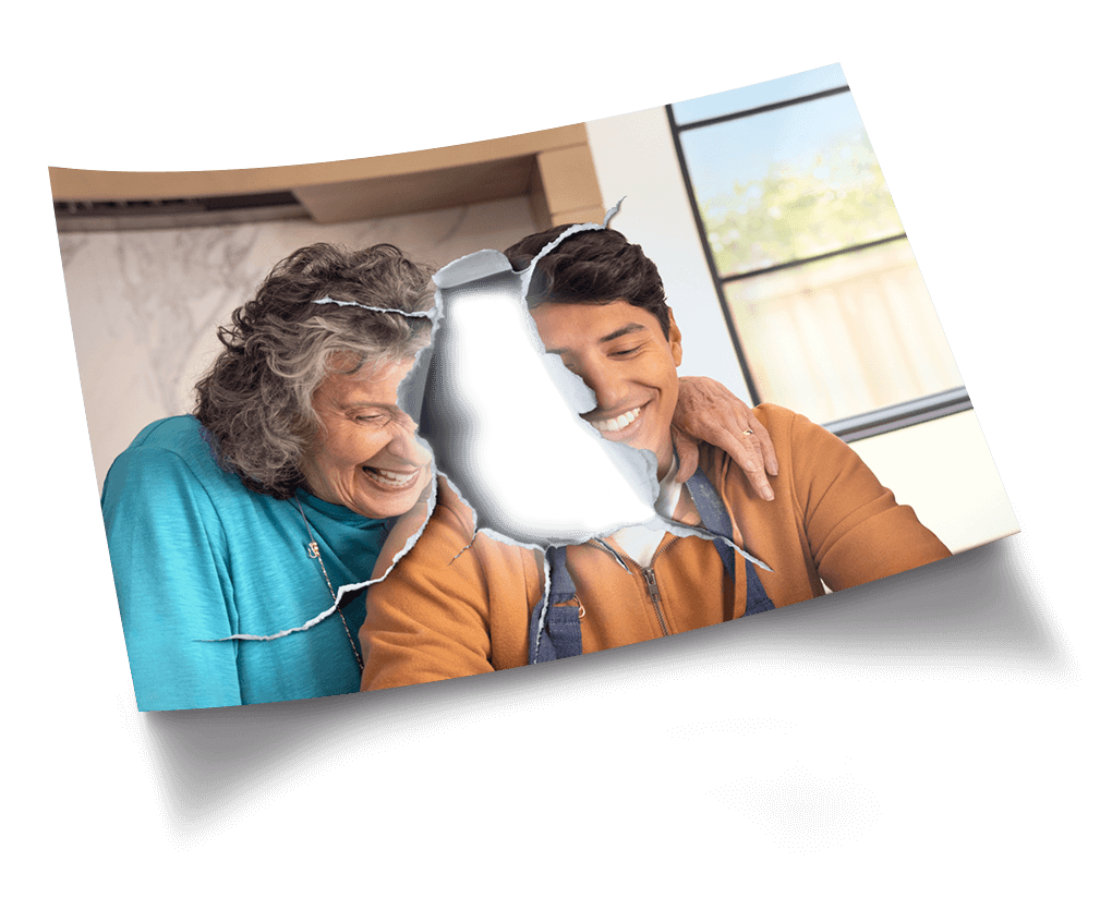 Picture of a grandmother and grandson in a home with a piece at the center of the photo torn open